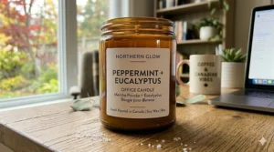 An eco-friendly soy wax peppermint office candle with a cotton wick.