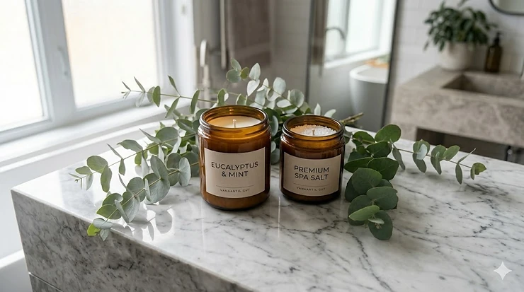 Eucalyptus bathroom candles arranged on a marble vanity for a spa-inspired home retreat.