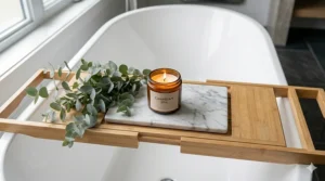 Warm glow of eucalyptus bathroom candles providing soft lighting for a relaxing soak.