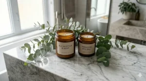 A set of eucalyptus bathroom candles creating a soothing atmosphere in a modern bath.