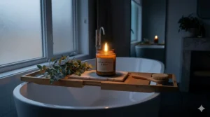 Fresh eucalyptus leaves beside eucalyptus bathroom candles for a natural spa aesthetic.