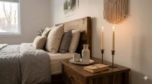 Flickering taper candles on a wooden nightstand / Chandelles effilées vacillantes sur une table de chevet