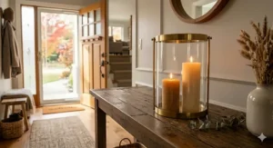 Glass hurricane lamp with welcoming candles for entryway.
