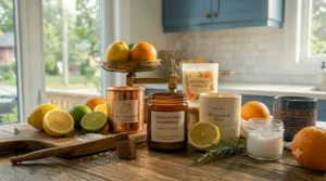 Pink grapefruit citrus kitchen candle styled on a kitchen island.