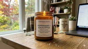 Close-up of a hand-poured peppermint office candle in a glass jar.