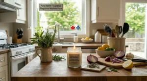 Lighted candle on a modern kitchen counter / Bougie allumรฉe sur un comptoir de cuisine moderne