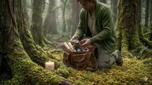 A nature-inspired scene featuring a candle placed on mossy roots, highlighting the organic, earthy scents of the best bathroom candles.