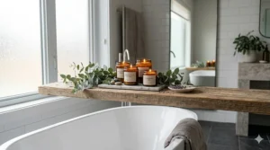 Minimalist eucalyptus bathroom candle glass jar resting on a wooden bathtub tray.