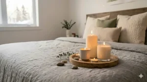 Minimalist soy candles on a cozy linen bed / Bougies de soya minimalistes sur un lit douillet
