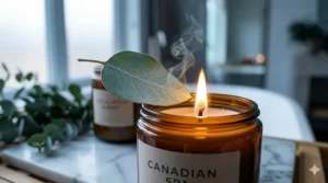 Modern bathroom decor featuring a decorative eucalyptus bathroom candle on a shelf.