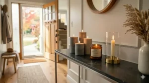 Modern console table styled with welcoming candles for entryway.