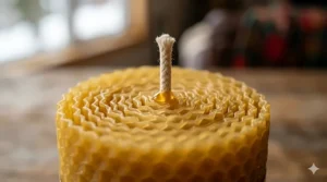 Close-up of natural golden beeswax candle texture and raw honeycomb.