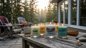 Canadian made candles glowing on a patio table during a summer evening.