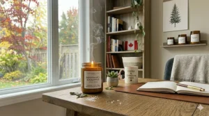 A minimalist interior design setting with a peppermint office candle.