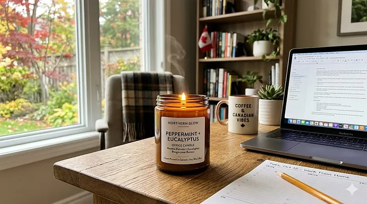 Peppermint office candles on a clean, modern desk in a home office.