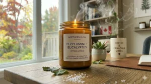 A refreshing peppermint office candle glowing on a wooden desk.