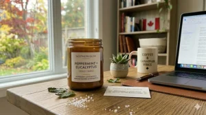 A calm workspace featuring a soothing peppermint office candle.
