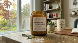 A small-batch, artisanal peppermint candle for an office desk.