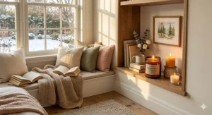 Soft lighting from candles in a bedroom nook / Éclairage doux de bougies dans un coin de chambre