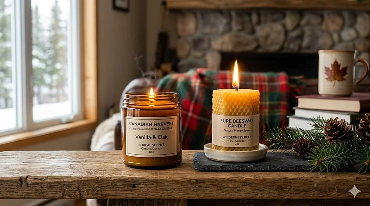 A side-by-side comparison of soy vs beeswax candles in a cozy Canadian living room.