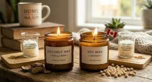 Infographic illustrating the eco-friendly, non-GMO nature of coconut wax versus soy wax production.