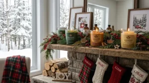Festive holiday display of Canadian made candles in a decorated home setting.