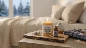 Minimalist illustration of a serene Canadian bedroom featuring a gentle, non-toxic candle for evening relaxation and allergy relief.
