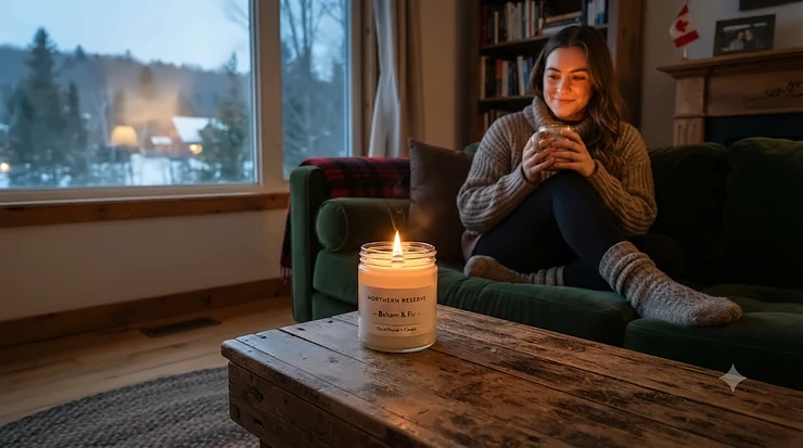 Hand-poured soy wax candle with a wood wick burning softly in a cozy Canadian living room.