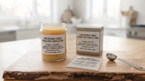 Product packaging illustration displaying clear English and French ingredient transparency for non-toxic candles sold across Canada.