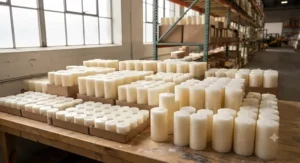 Elegant white pillar candles available in bulk for home decor. / Élégantes bougies piliers blanches en gros pour la décoration intérieure.