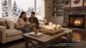 Family relaxing safely indoors near a clean-burning smokeless candle, highlighting allergen-free home air quality.