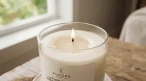 Close-up of a clean-burning organic soy candle wick.