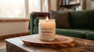 Close-up of a wood wick candle burning cleanly, highlighting the crackling wooden wick.