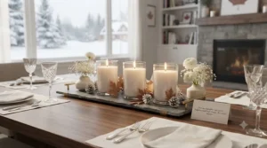 Elegant dining table centerpiece featuring unscented smokeless candles for dinner parties without aroma interference.
