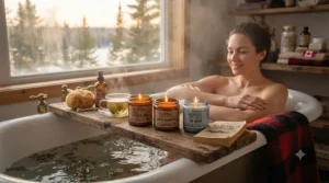 Illustration of a relaxing self-care routine featuring clean-burning eco-friendly candles and essential oils. / Illustration d'une routine de bien-être relaxante mettant en vedette des bougies écologiques à combustion propre.