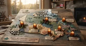Illustrated map of Canada highlighting natural scent profiles inspired by the boreal forest and coastlines for eco-friendly candles. / Carte illustrée du Canada mettant en valeur des profils de parfum naturels inspirés de la forêt boréale pour bougies écologiques.