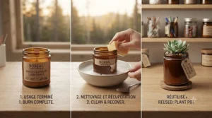 Step-by-step illustration showing how to clean and reuse glass jars from eco-friendly candles. / Illustration étape par étape montrant comment nettoyer et réutiliser les pots en verre des bougies écologiques.