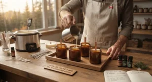 Artisanal illustration of small-batch production for hand-poured eco-friendly candles in Canada. / Illustration artisanale de la production en petits lots de bougies écologiques versées à la main au Canada.