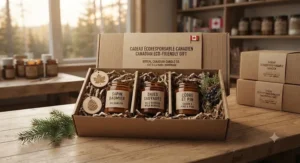 Eco-friendly candles packed in plastic-free, recyclable gift packaging ready for the Canadian holiday season. / Bougies écologiques emballées dans des boîtes cadeaux recyclables sans plastique pour la saison des fêtes au Canada.
