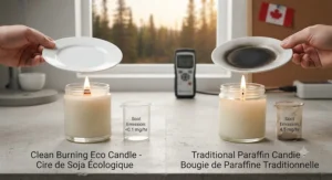 Diagram comparing the clean, soot-free burn of eco-friendly candles versus traditional paraffin wax. / Diagramme comparant la combustion propre des bougies écologiques et de la cire de paraffine traditionnelle.