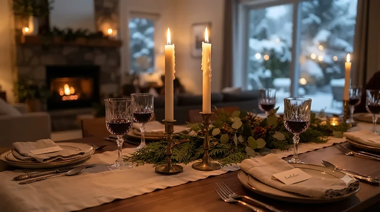 Elegant taper candles for dinner table set for a formal Canadian holiday meal.