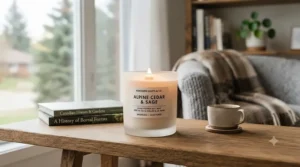 Hand-poured coconut wax candle made in Montreal. (Bougie en cire de noix de coco coulée à la main, fabriquée à Montréal.)