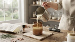 The process of hand-pouring organic soy wax into a candle.