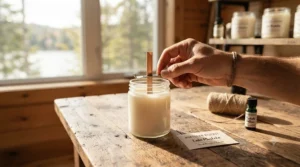 Artisan crafting best wood wick candles with sustainable soy wax and essential oils.