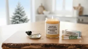 Cozy illustration of a Canadian home during winter with windows closed, burning clean, low-tox candles without triggering indoor allergies.