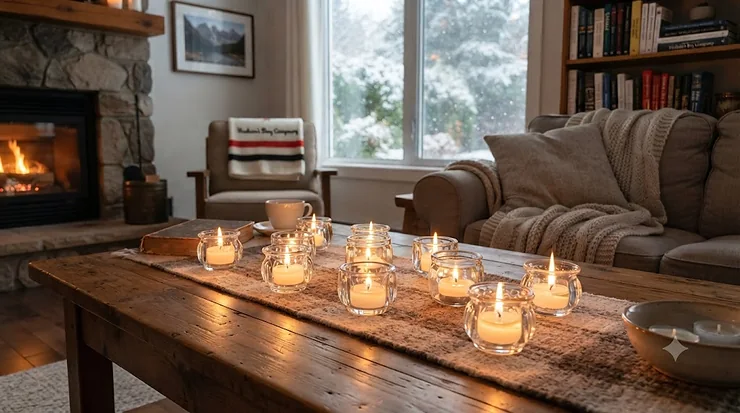Long burning tea lights creating a cozy atmosphere in a Canadian living room.