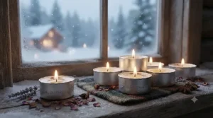 Long burning tea lights illuminating a window during a Canadian winter evening.