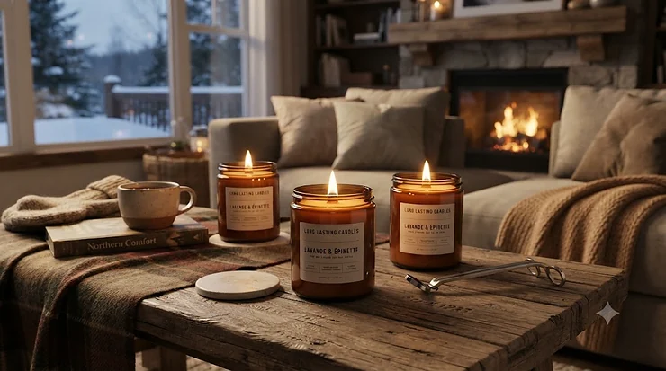 Long lasting candles creating a cozy atmosphere. / Bougies longue durée créant une ambiance chaleureuse.