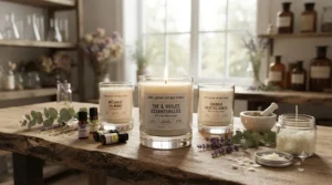 Long lasting candles made with premium essential oils. / Bougies longue durée fabriquées avec des huiles essentielles de qualité.