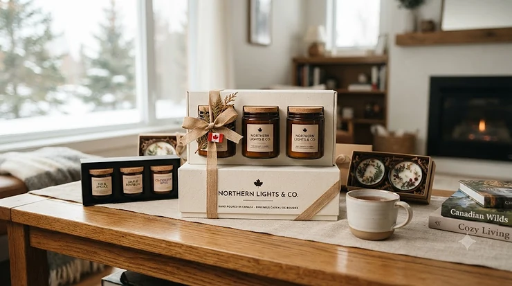 A premium collection of artisanal candle gift sets displayed on a rustic wooden table.